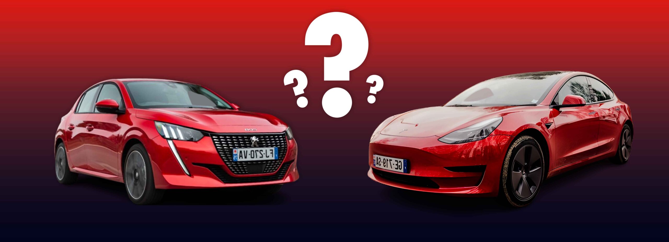 Peugeot 208 rouge, Tesla model 3 rouge, changer de voiture pour une citadine essence ou une berline électrique