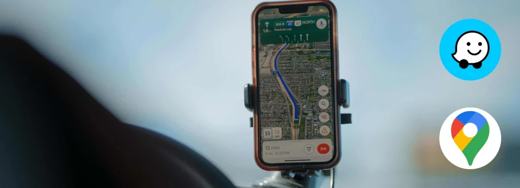 Smartphone fixé dans une voiture affichant une application GPS