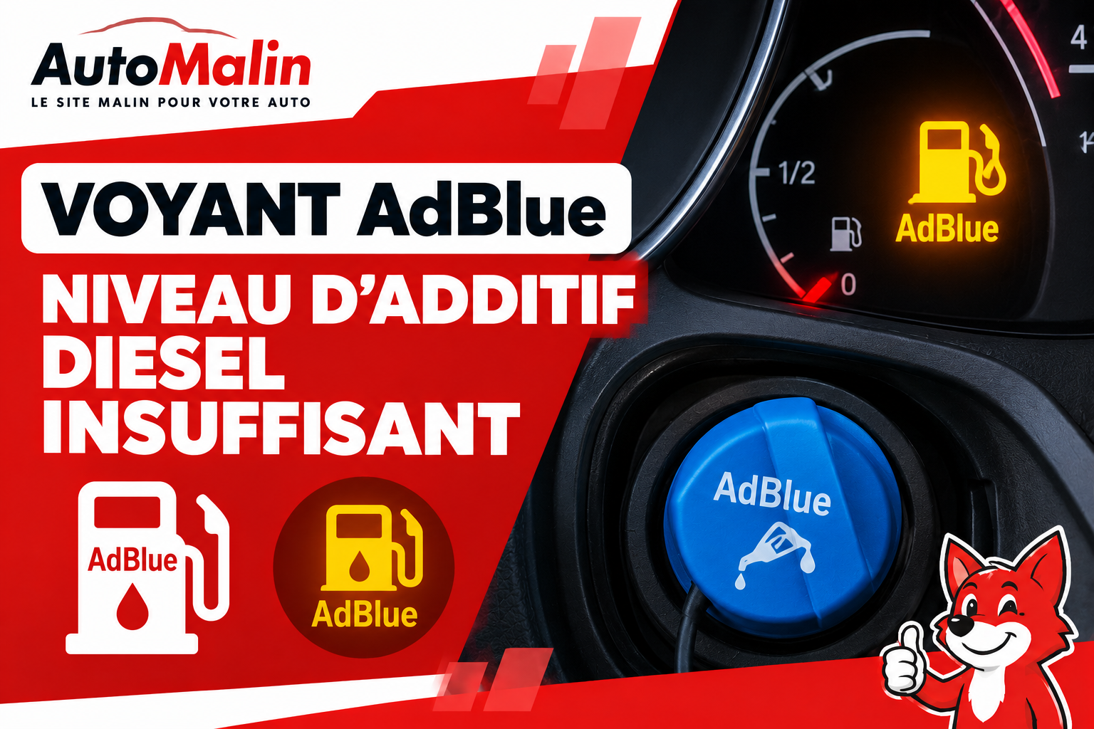 Voyant AdBlue orange signalant un niveau d’additif insuffisant