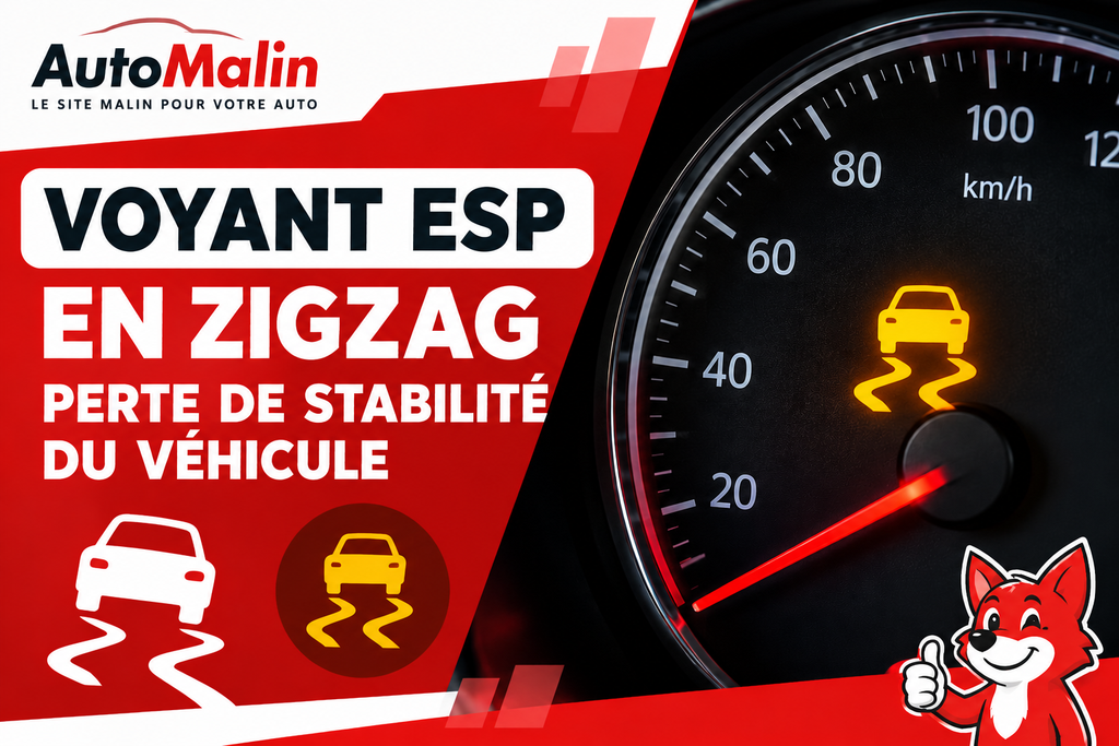 Voyant ESP orange, voiture en dérapage avec deux traits ondulés