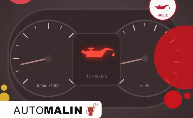 Tableau de bord d’une voiture avec le voyant d’huile moteur allumé en rouge