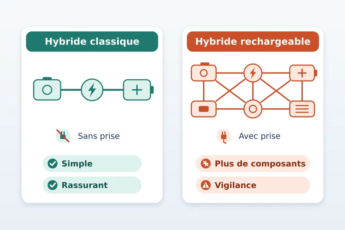 Reste l'hybride, qui change la donne côté mécanique. L'hybride classique, celui qui ne se branche pa